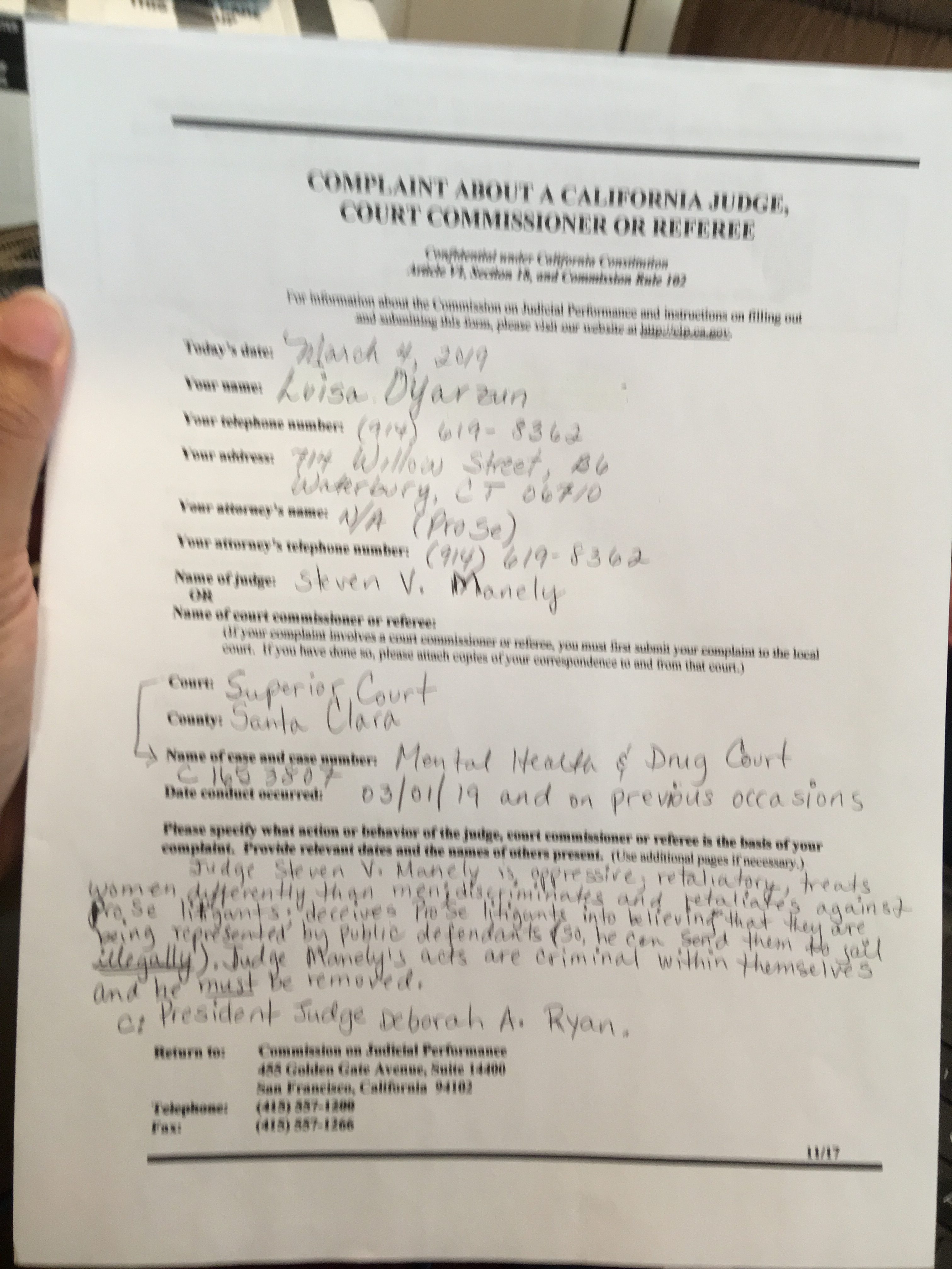 LUISA OYARZUN'S COMPLAINT FORM AGAINST JUDGE MANLEY, ON BEHALF OF TANIA MCCASH A MOTHER OF THREE.JPG