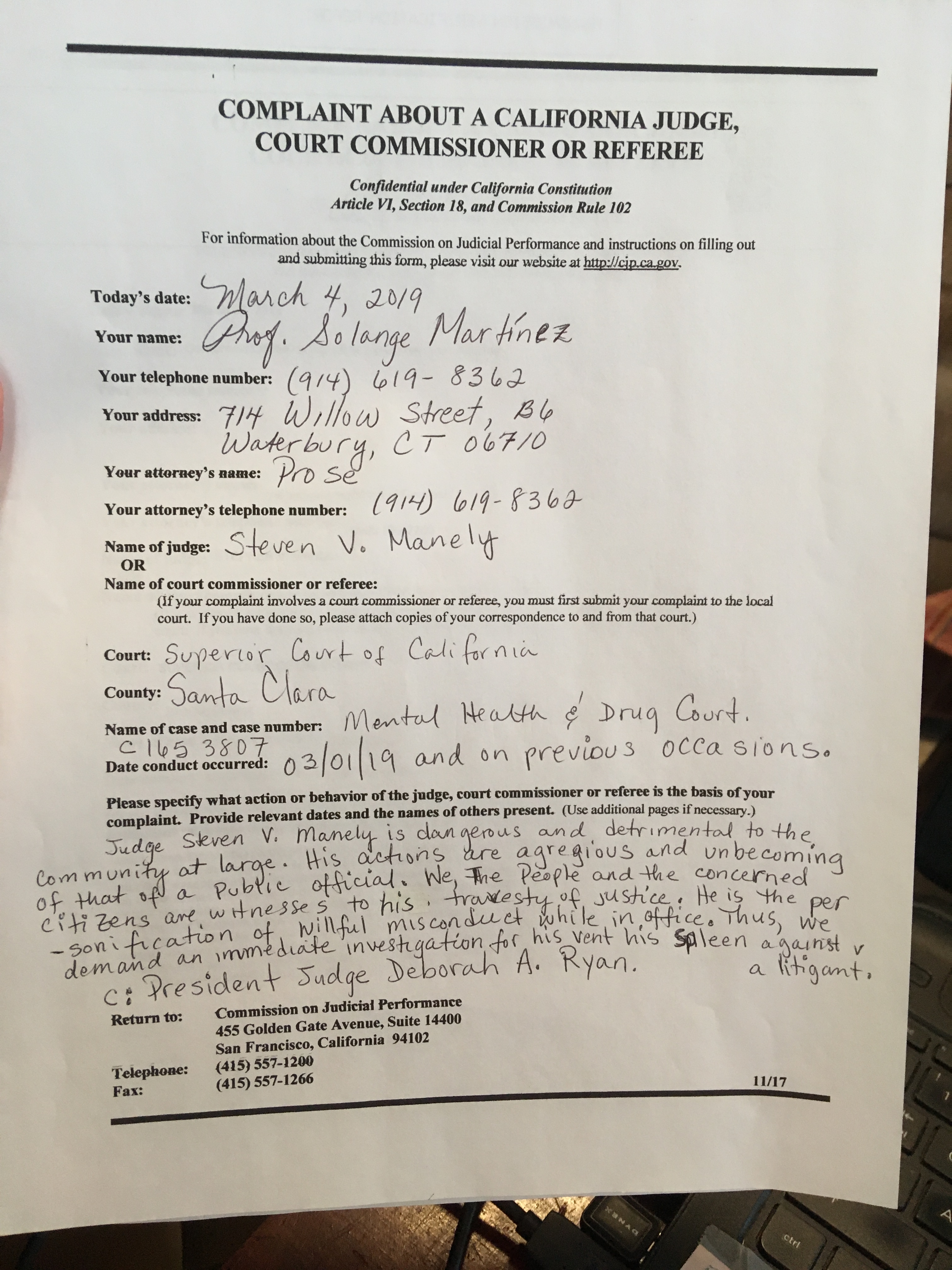 PROF MARTINE'S COMPLAINT FORM AGAINST JUDGE MANLEY, ON BEHALF OF TANIA MCCASH A MOTHER OF THREE